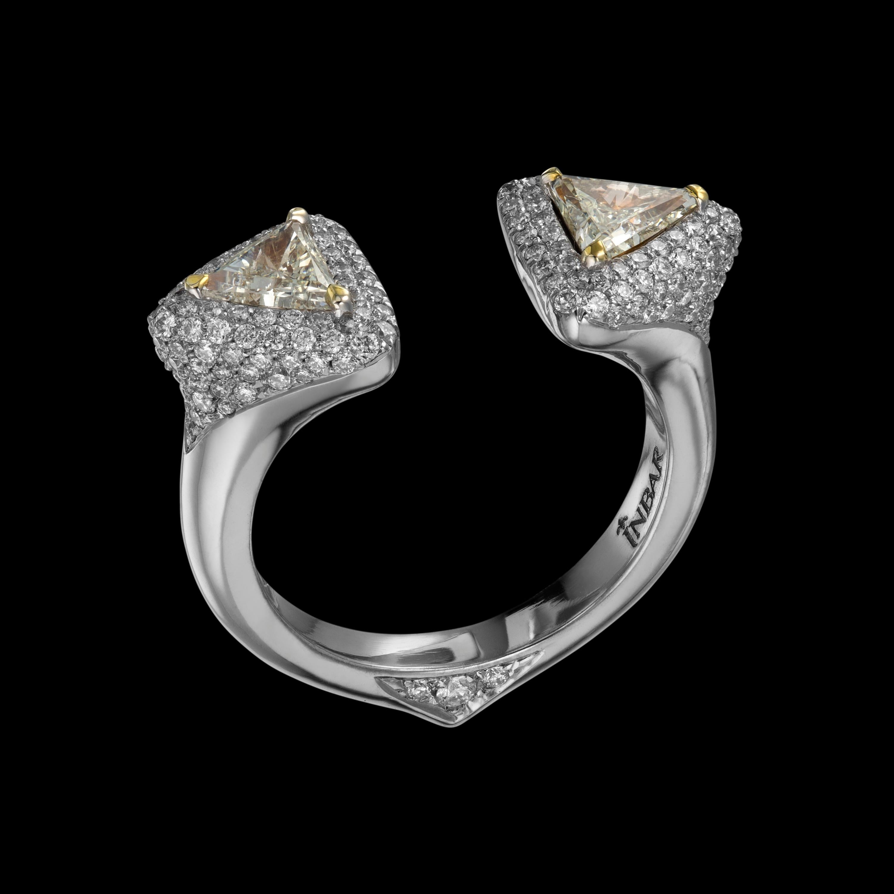 Two side triangle open, white gold, diamond ring with 3D pave setting.
