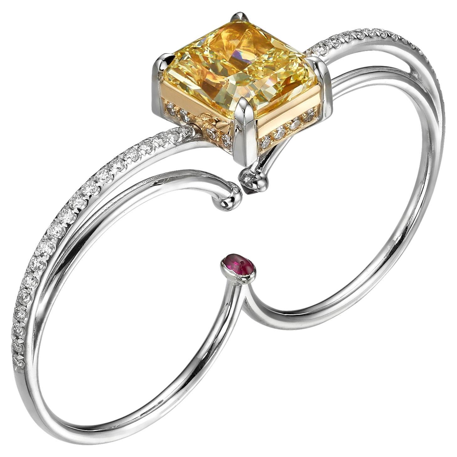 Bague à deux doigts en or blanc 18 carats avec diamant de forme radiante de 3,5 carats, certifié GIA