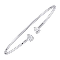 18K White Gold Two Stone Open Bracelet, 0.51 Ct Pear Diamond Cuff Bracelet