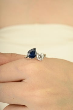 18K White Gold Toi et Moi Ring with 2Ct Blue Sapphire & 1Ct Diamond for Women