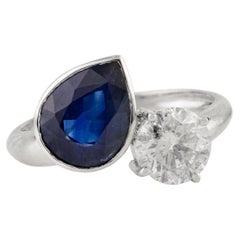Anello a due pietre in oro bianco 18K con zaffiro blu da 2 carati e diamante da 1 carato per donna