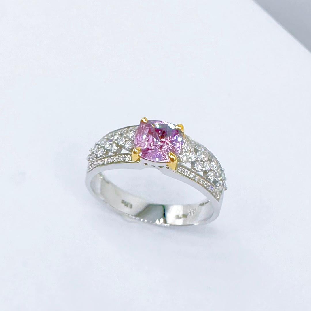 Modern 18K White Gold Unheated Purple Sapphire Ring with Diamonds For Sale