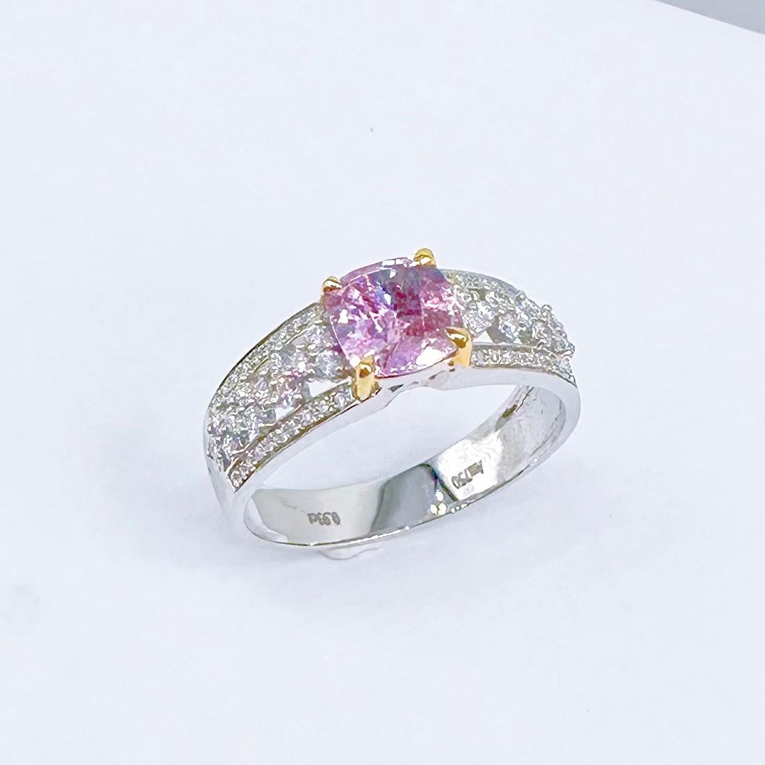 Cushion Cut 18K White Gold Unheated Purple Sapphire Ring with Diamonds For Sale