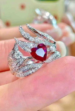 18K White Gold Unheated Ruby & Diamond Ring – 1.98 TCW