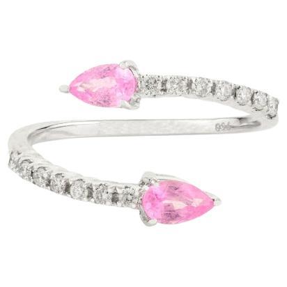 18k White Gold Unique Pear Pink Sapphire By Pass Ring With Diamonds for Women