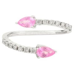 18k White Gold Unique Pear Pink Sapphire By Pass Ring With Diamonds for Women