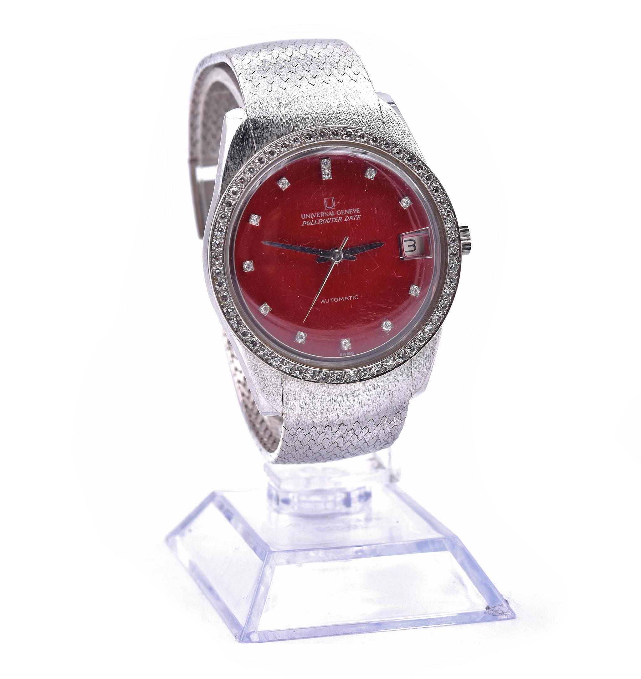 Movement: automatic
Function: hours, minutes, seconds, date
Case: 35mm 18k white gold case, plastic crystal, push/pull crown
Diamonds: 54 round brilliant cuts = 1.08cttw
Color: G-H
Clarity: VS
Band: 18k white gold mesh bracelet with Universal Geneve