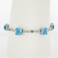 18k White Gold Vibrant Cushion Blue Topaz Tsavorite & Diamond Line Bracelet