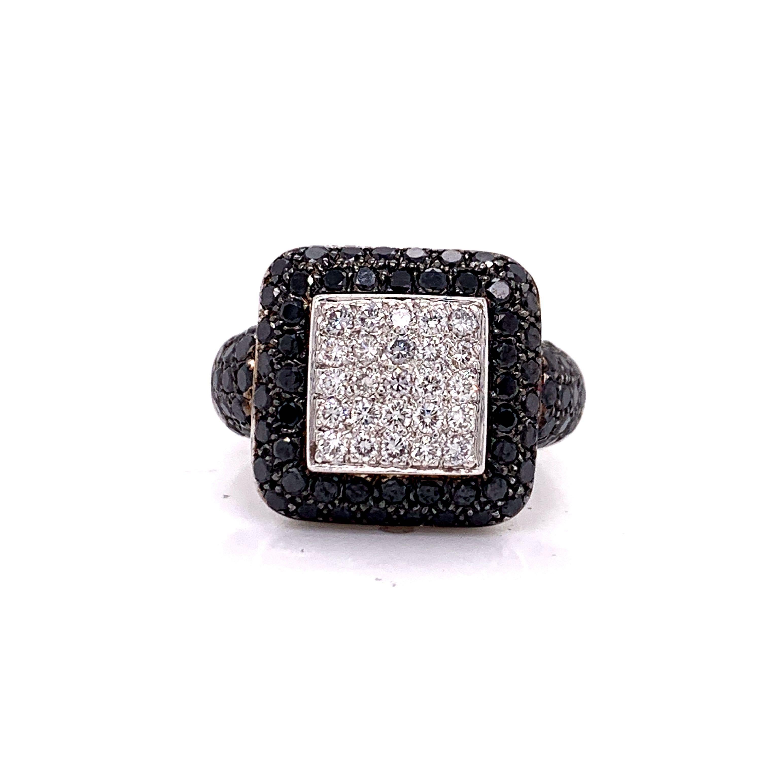 18 Karat White Gold Vintage 2.1 Carat Black and White Diamond Cluster Ring In Good Condition In Guilford, CT