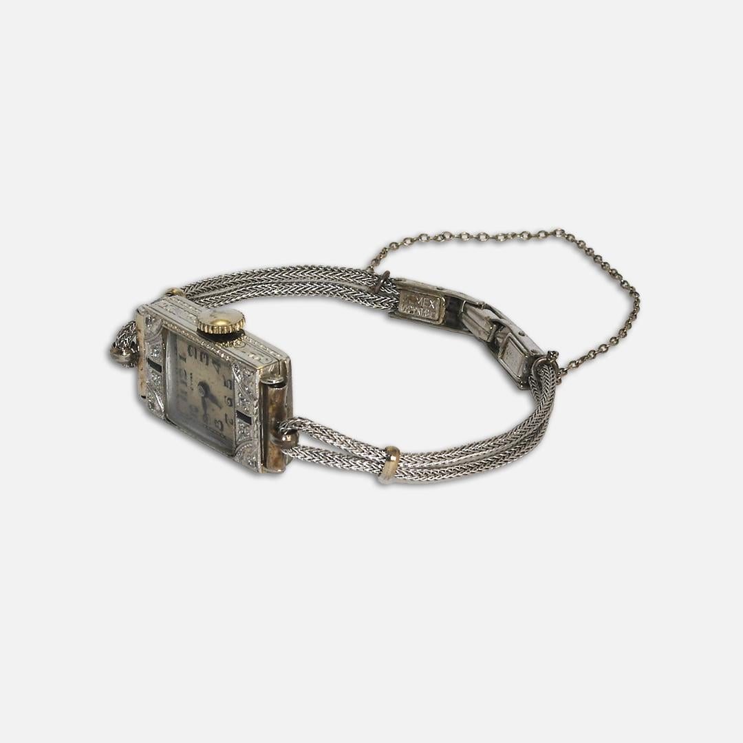 18K White Gold Vintage Cyma Watch with Diamonds and Sapphires In Excellent Condition For Sale In Laguna Beach, CA