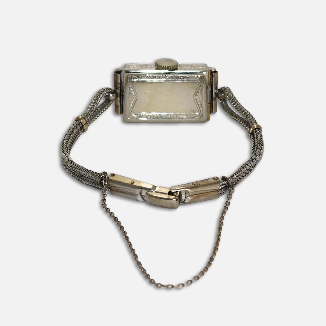 Women's or Men's 18K White Gold Vintage Cyma Watch with Diamonds and Sapphires For Sale