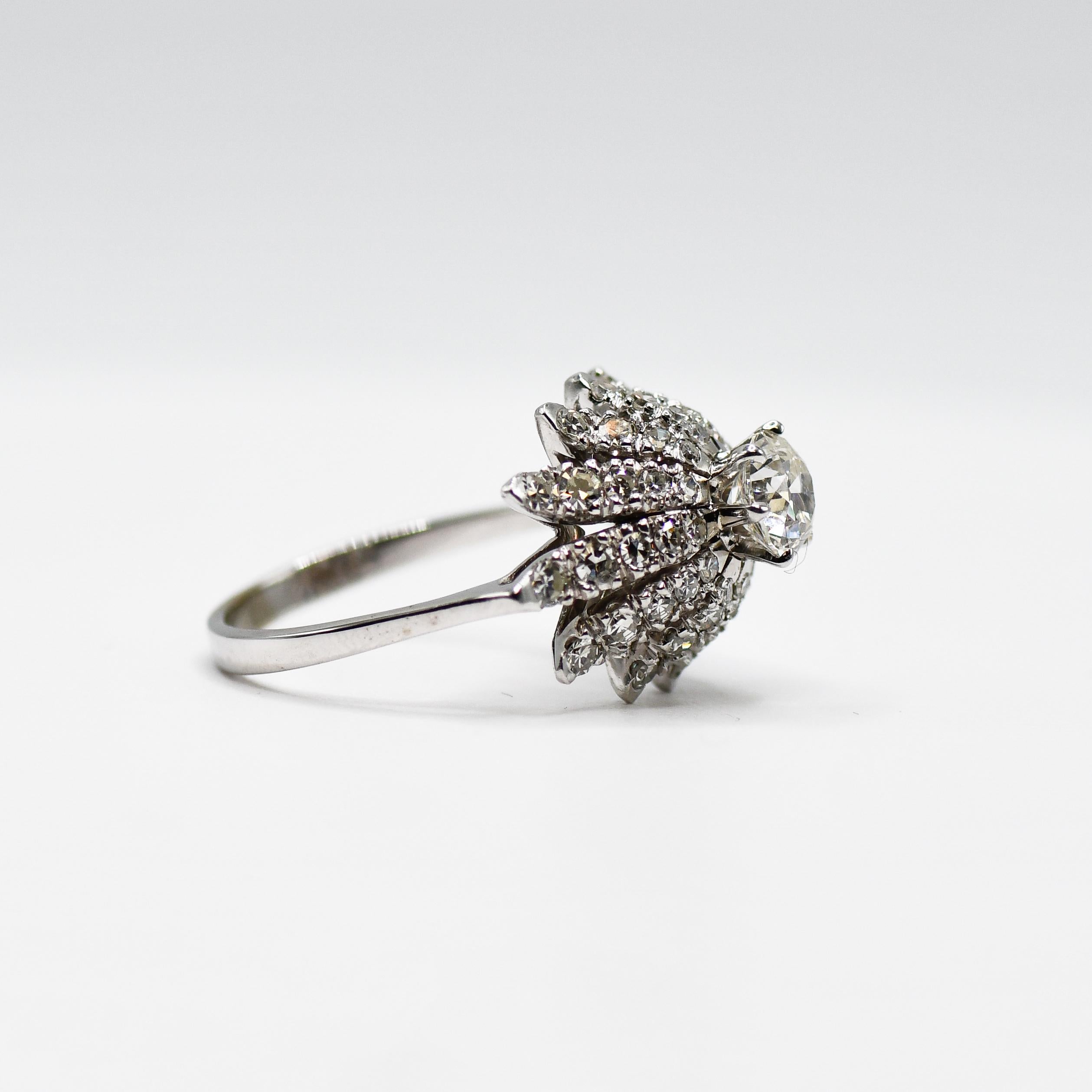 18K White Gold Vintage Diamond Ring, .78ct Old Mine, 1.53tdw In Excellent Condition For Sale In Laguna Beach, CA