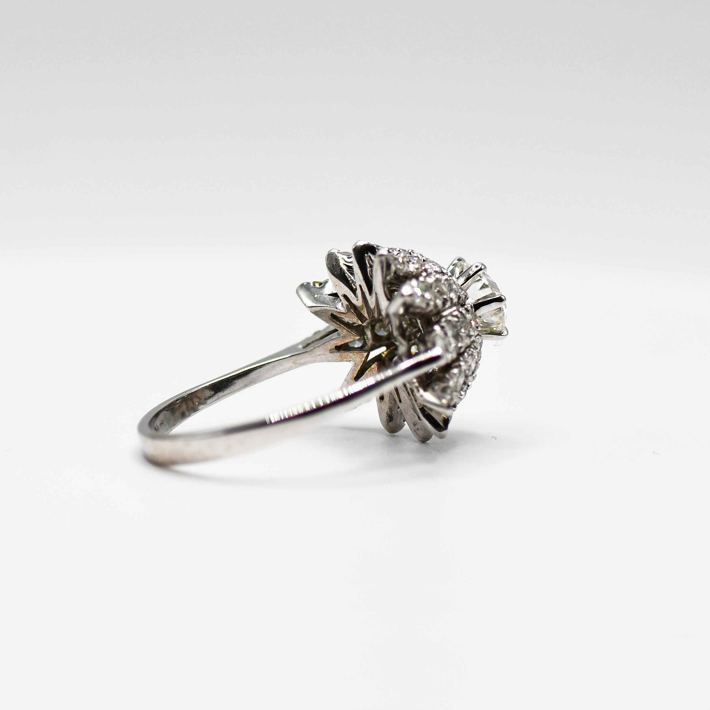 Women's 18K White Gold Vintage Diamond Ring, .78ct Old Mine, 1.53tdw For Sale