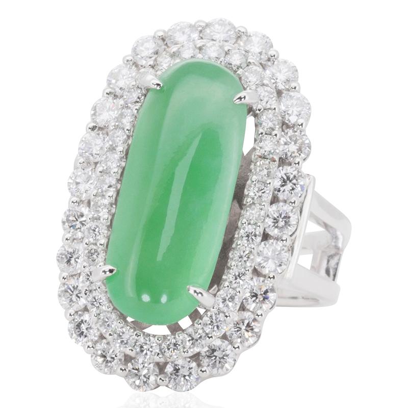 Radiant Cut 18k White Gold Vintage Dome Ring with 2.18 Carat Natural Jade and Diamonds