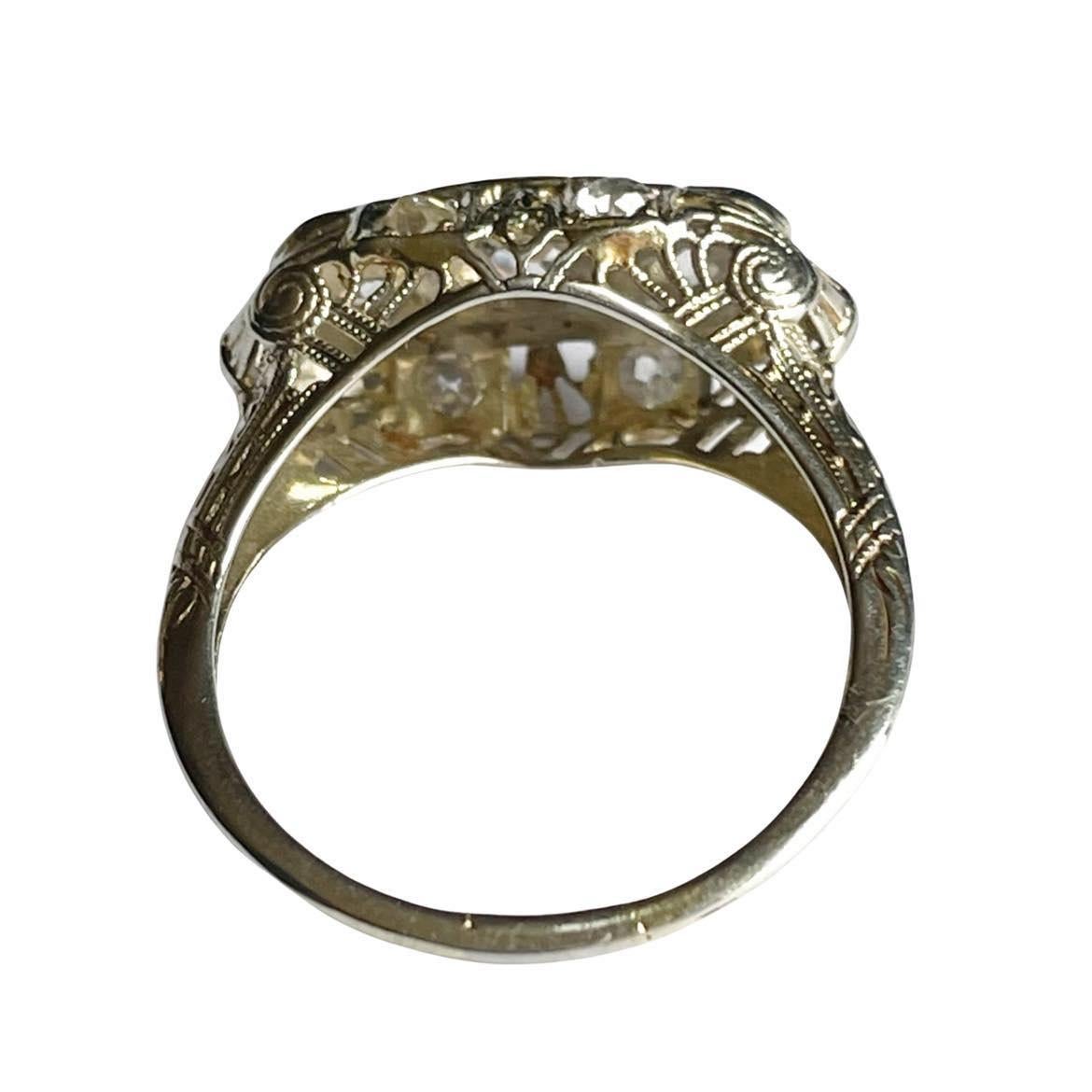 Art Deco 18k White Gold Vintage Filigree Open Work Three Stone Old Mine Engagement Ring 