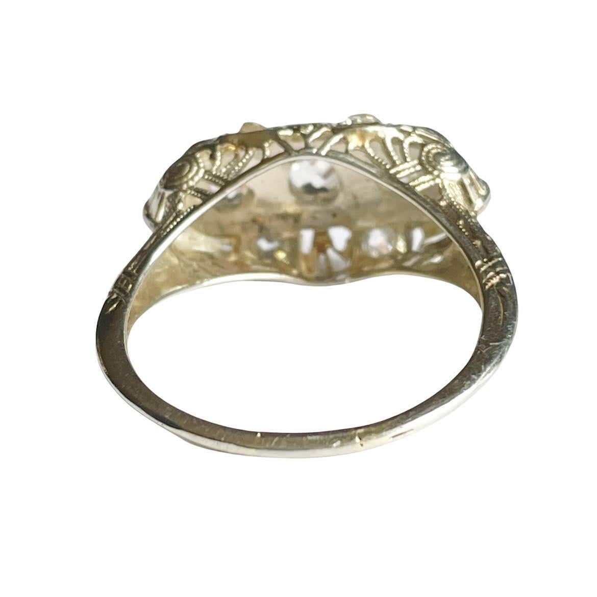 Old Mine Cut 18k White Gold Vintage Filigree Open Work Three Stone Old Mine Engagement Ring 