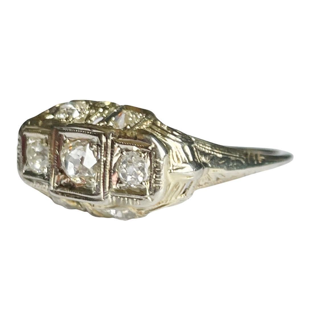 Women's or Men's 18k White Gold Vintage Filigree Open Work Three Stone Old Mine Engagement Ring 
