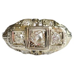 18k White Gold Vintage Filigree Open Work Three Stone Old Mine Engagement Ring 