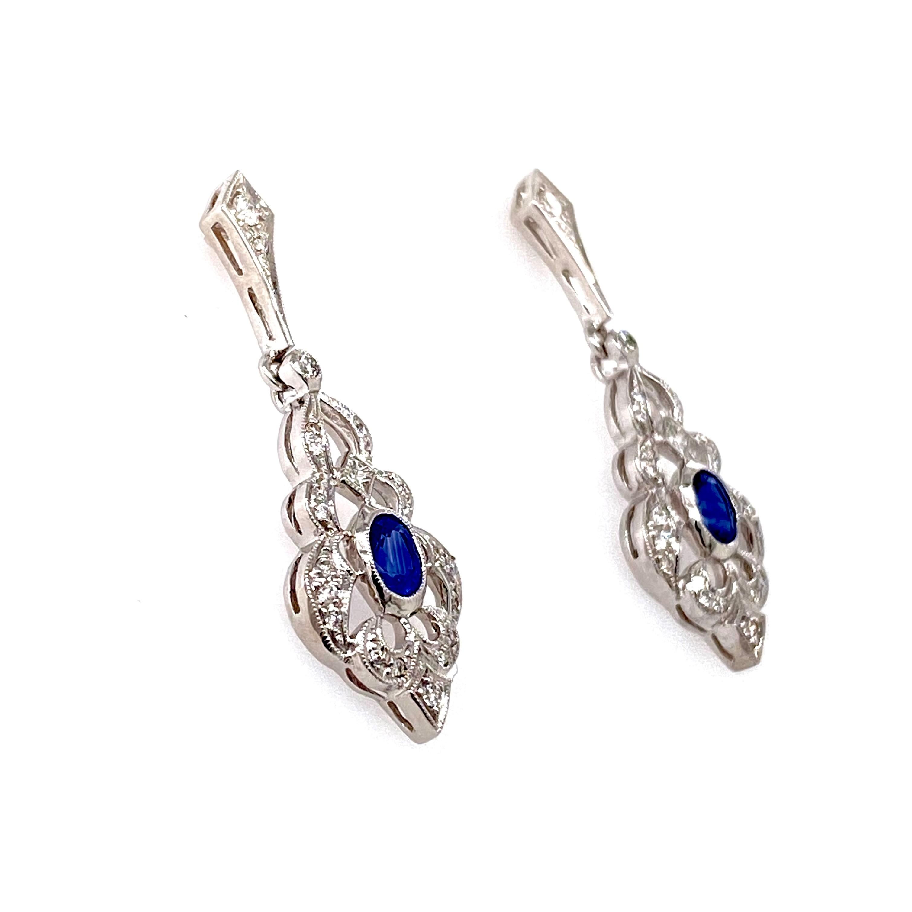 Oval Cut 18k White Gold Vintage Look Sapphire & Diamond Drop Earrings For Sale