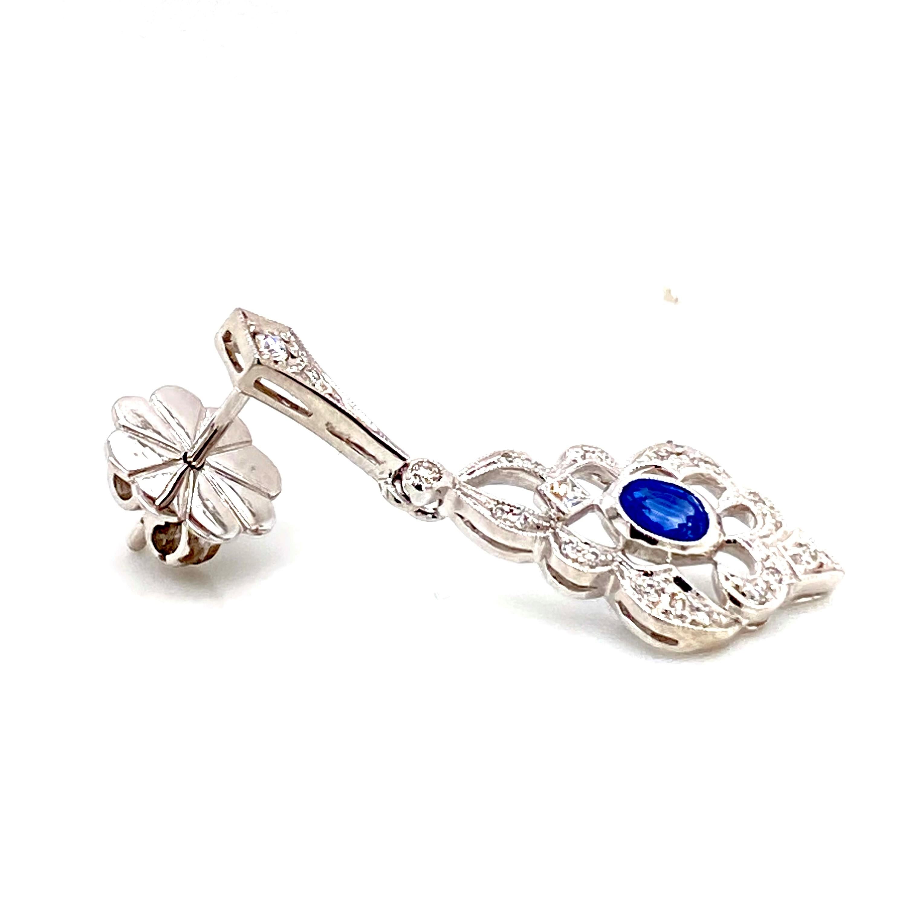 18k White Gold Vintage Look Sapphire & Diamond Drop Earrings In New Condition For Sale In Rochester, NY