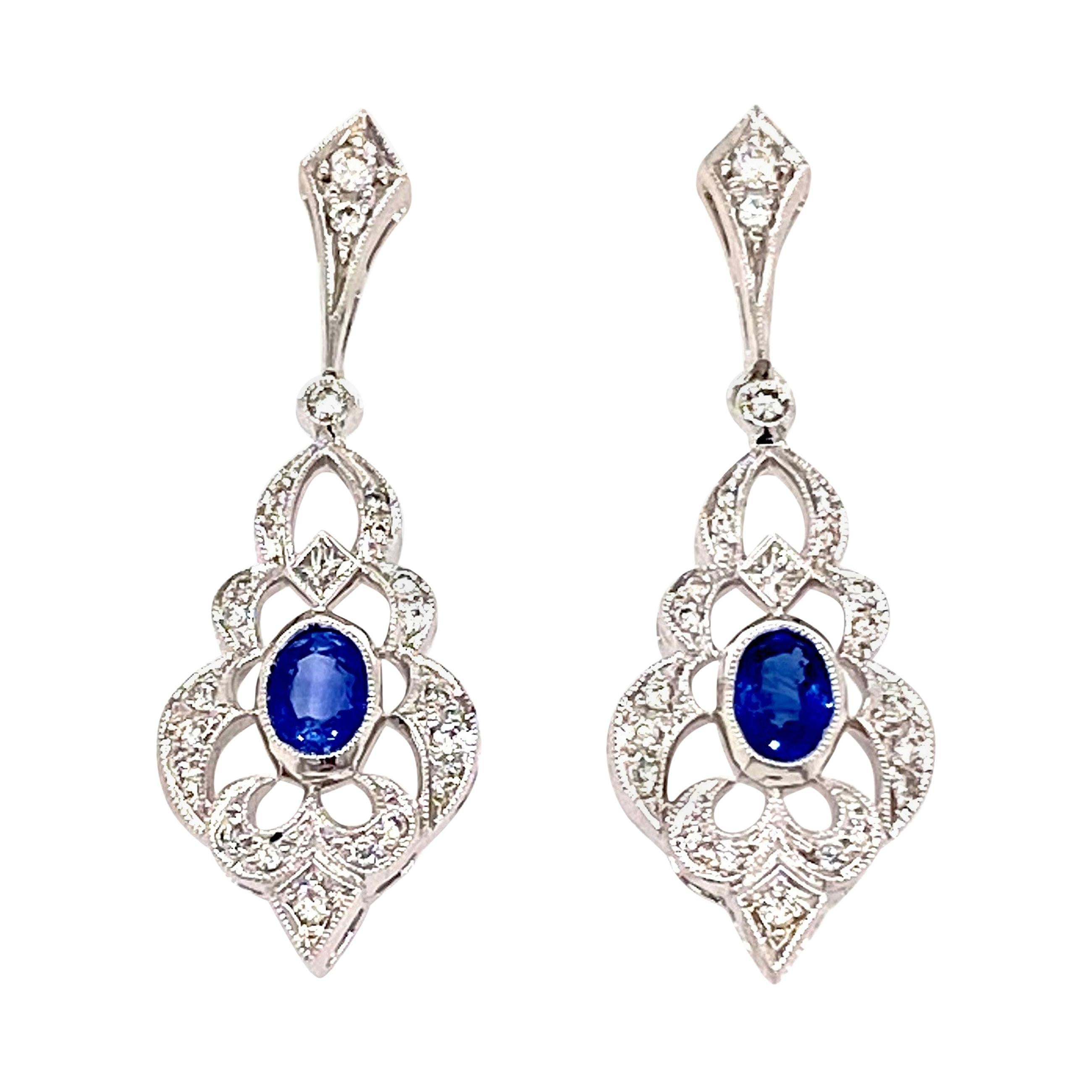 18k White Gold Vintage Look Sapphire & Diamond Drop Earrings For Sale