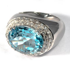 18K White Gold Vintage Original 1980 Aquamarine and Diamond Cocktail Ring Band