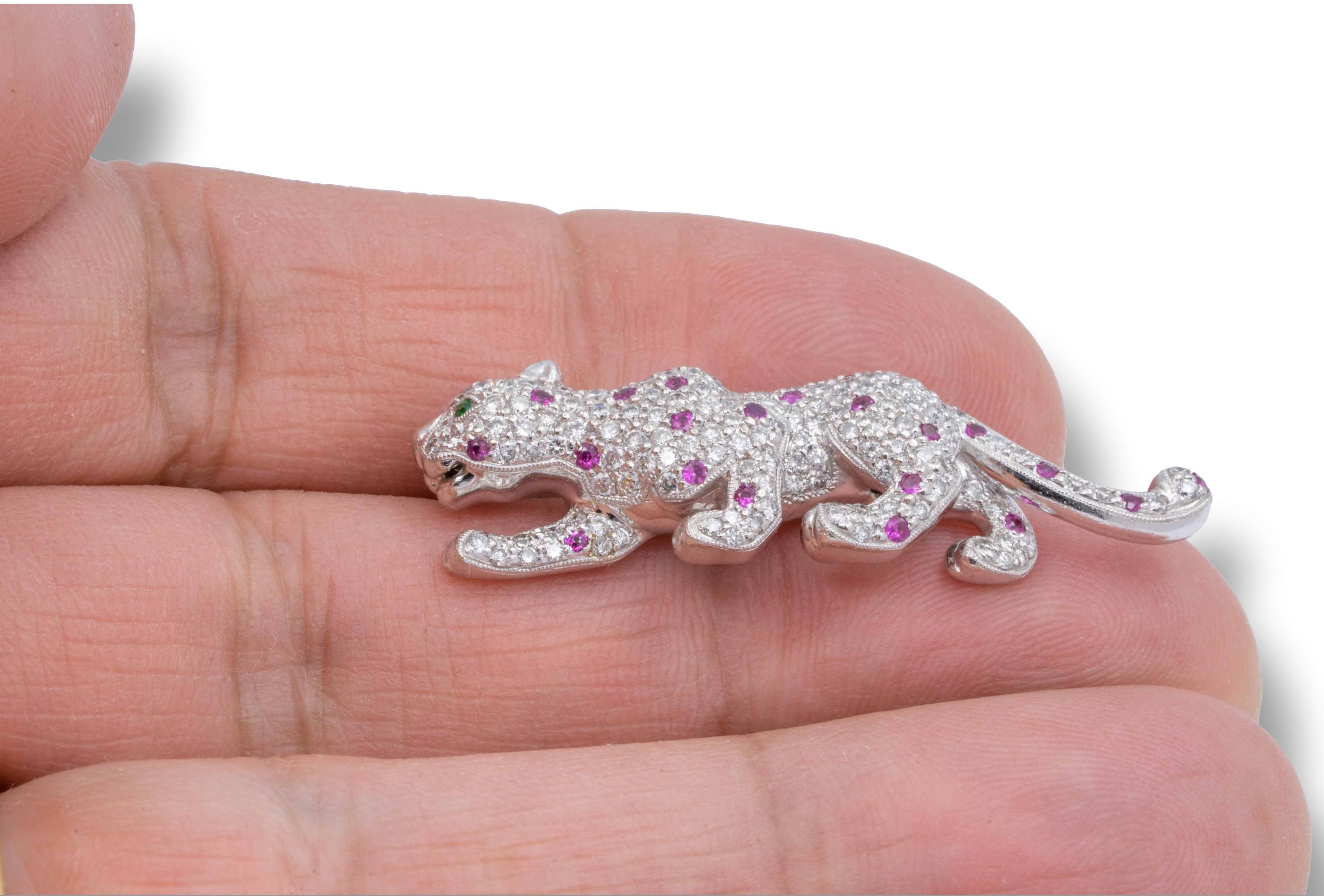 Round Cut 18K White Gold Vintage Panther Brooch with Pave Diamond and Pink Sapphires For Sale