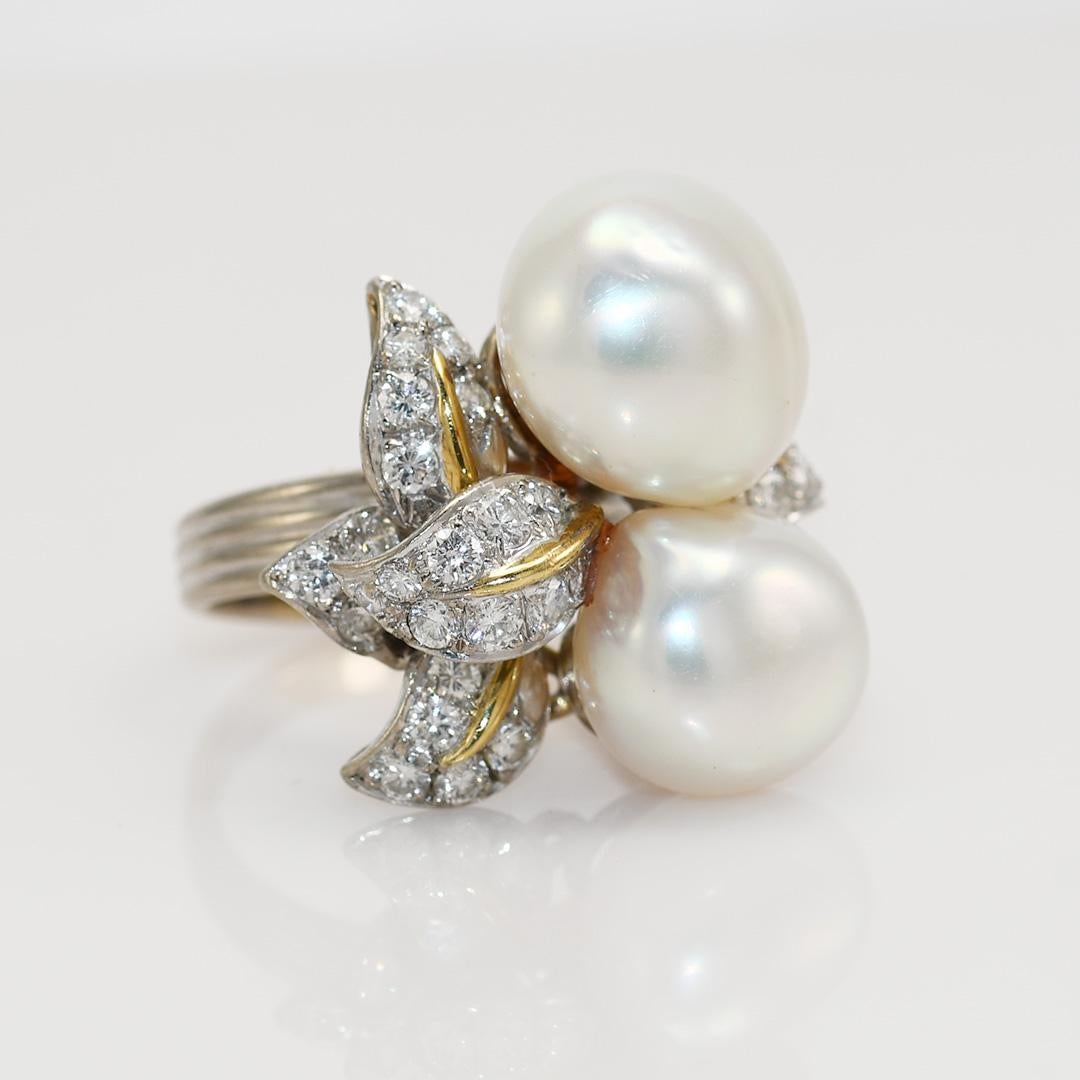 Brilliant Cut 18K White Gold Vintage Pearl & Diamond Ring, .75tdw, 11.7g For Sale