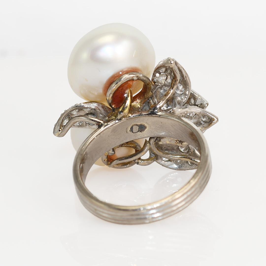 18K White Gold Vintage Pearl & Diamond Ring, .75tdw, 11.7g In Excellent Condition For Sale In Laguna Beach, CA
