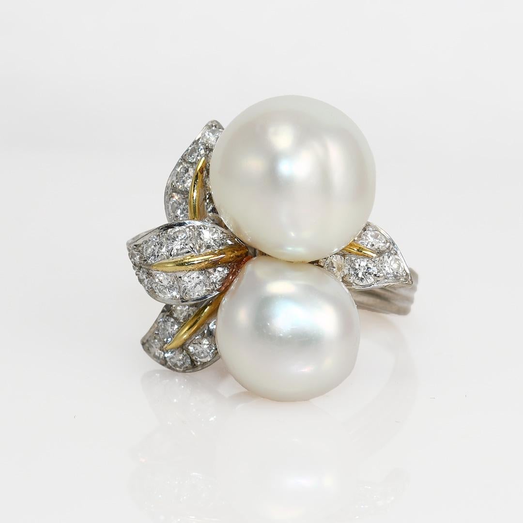 18 Karat Weißgold Vintage Perlen- und Diamantring, .75tdw, 11,7 g Damen