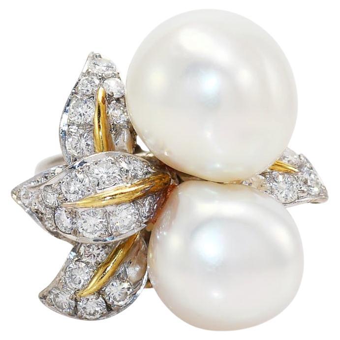 18K White Gold Vintage Pearl & Diamond Ring, .75tdw, 11.7g For Sale