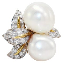 Bague en or blanc 18K perle vintage et diamant, .75tdw, 11.7g