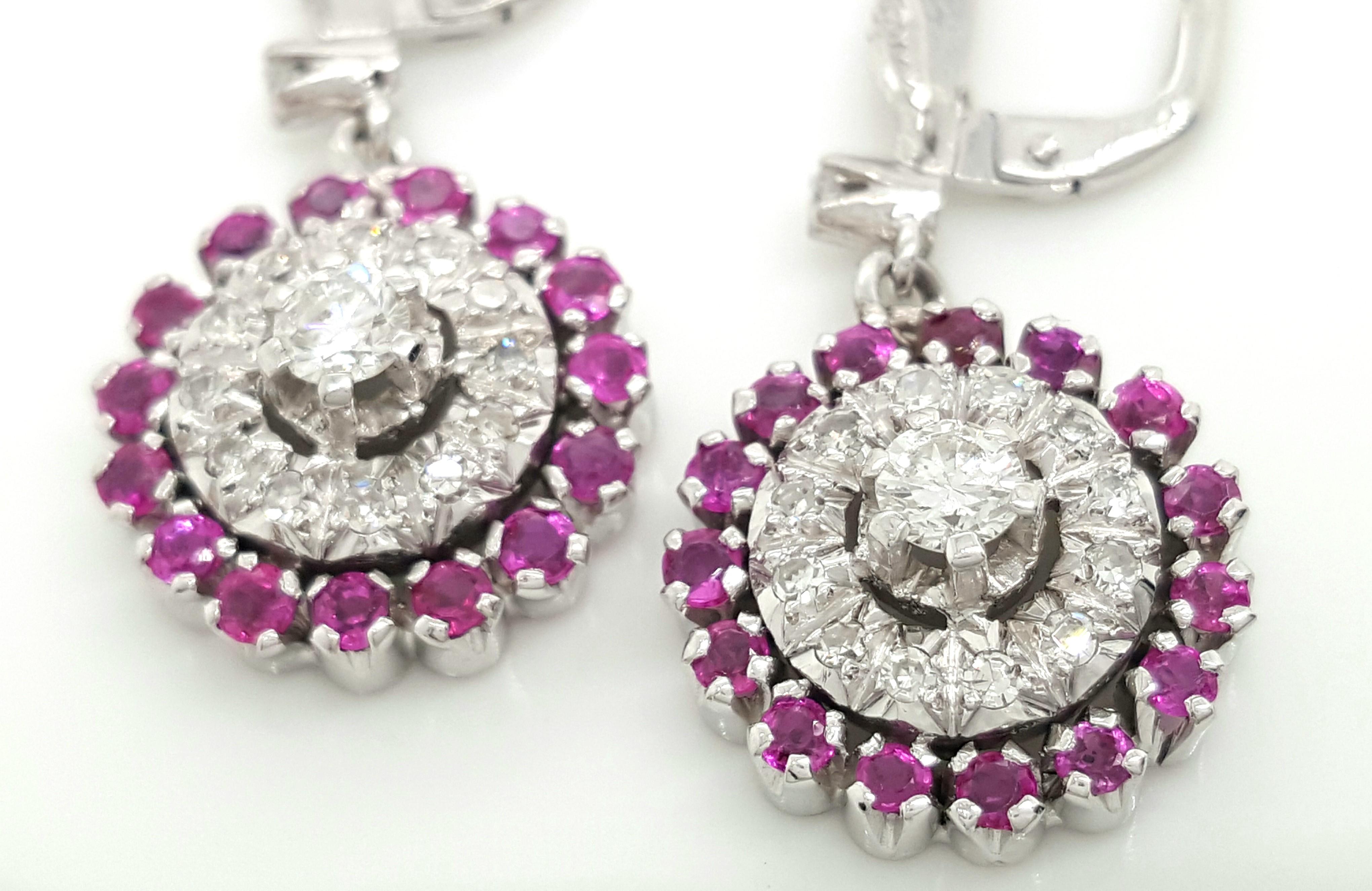 18 Karat White Gold Vintage Style Diamond and Ruby Double Halo Earrings For Sale 1