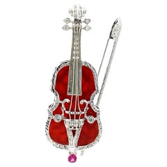18K White Gold Violin Brooch 15.36 Carat Carnelian, Diamonds & Ruby