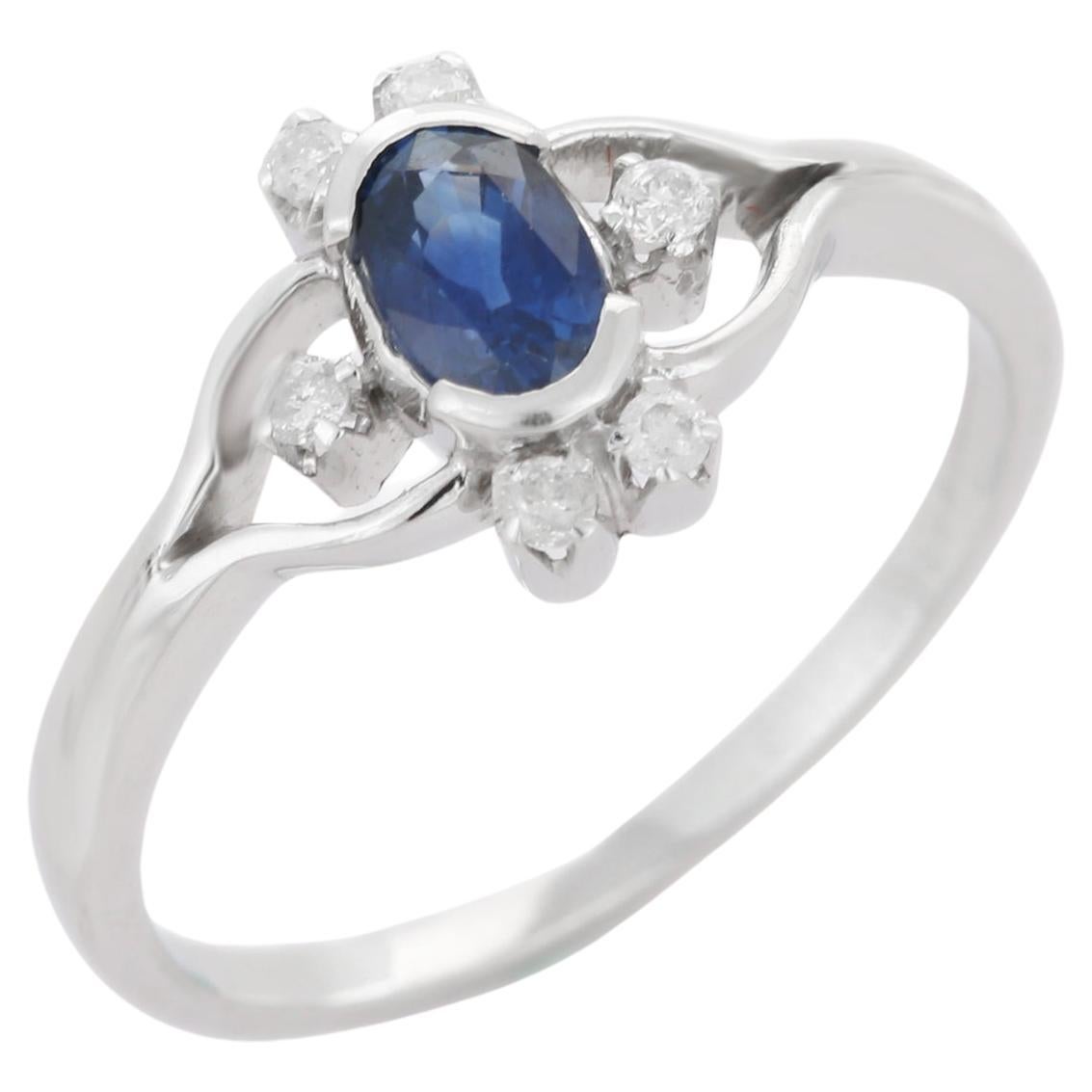 Solid 18k White Gold Vivid Oval Blue Sapphire and Diamond Wedding Ring