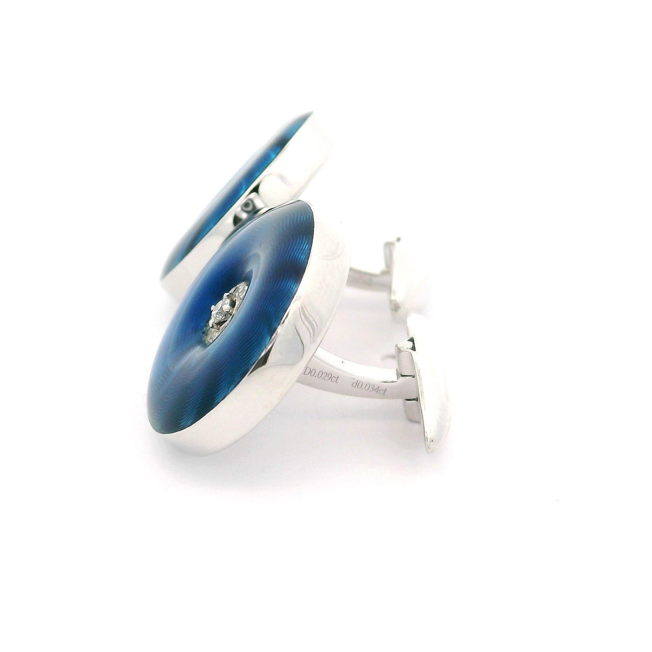 18 Karat Weißgold Vivid Guilloche Blau Emaille & Diamant Runder Knopf Manschettenknöpfer mit rundem Knopf im Angebot 5