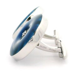 18k White Gold Vivid Guilloche Blue Enamel & Diamond Round Button Cufflink