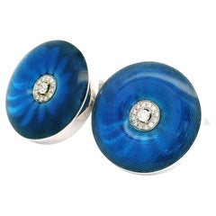 Bouton de manchette en or blanc 18k Vivid Guilloche Blue Enamel & Diamond Round Button