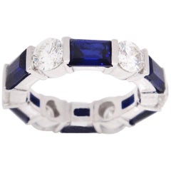 18k White Gold VS2, G 8.68ct Baguette Sapphire & Round Diamond Eternity Ring 5.25