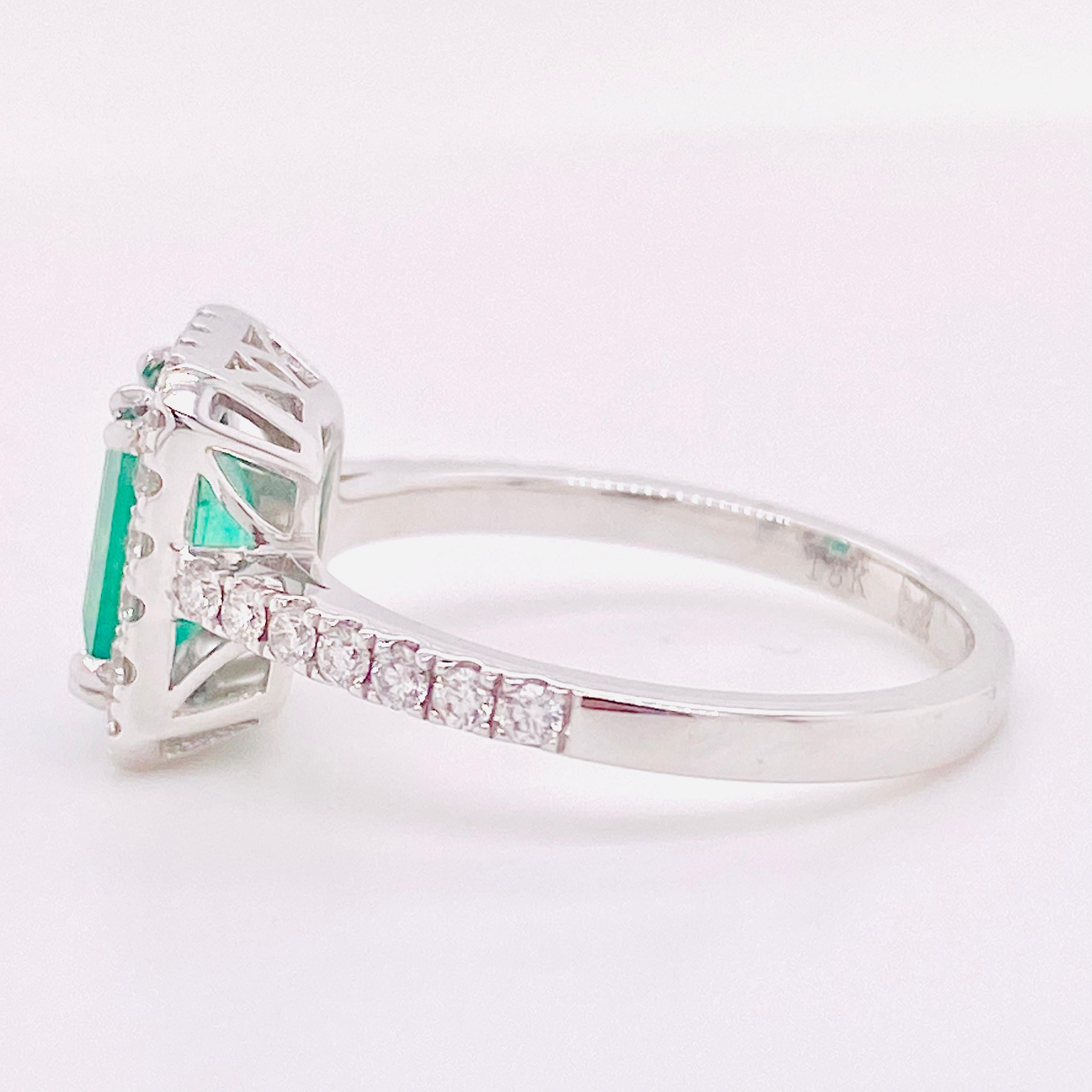 Artisan 18k White Gold w 1.25 Carat Emerald & .50 Carat Diamond Halo Engagement Ring 18k For Sale