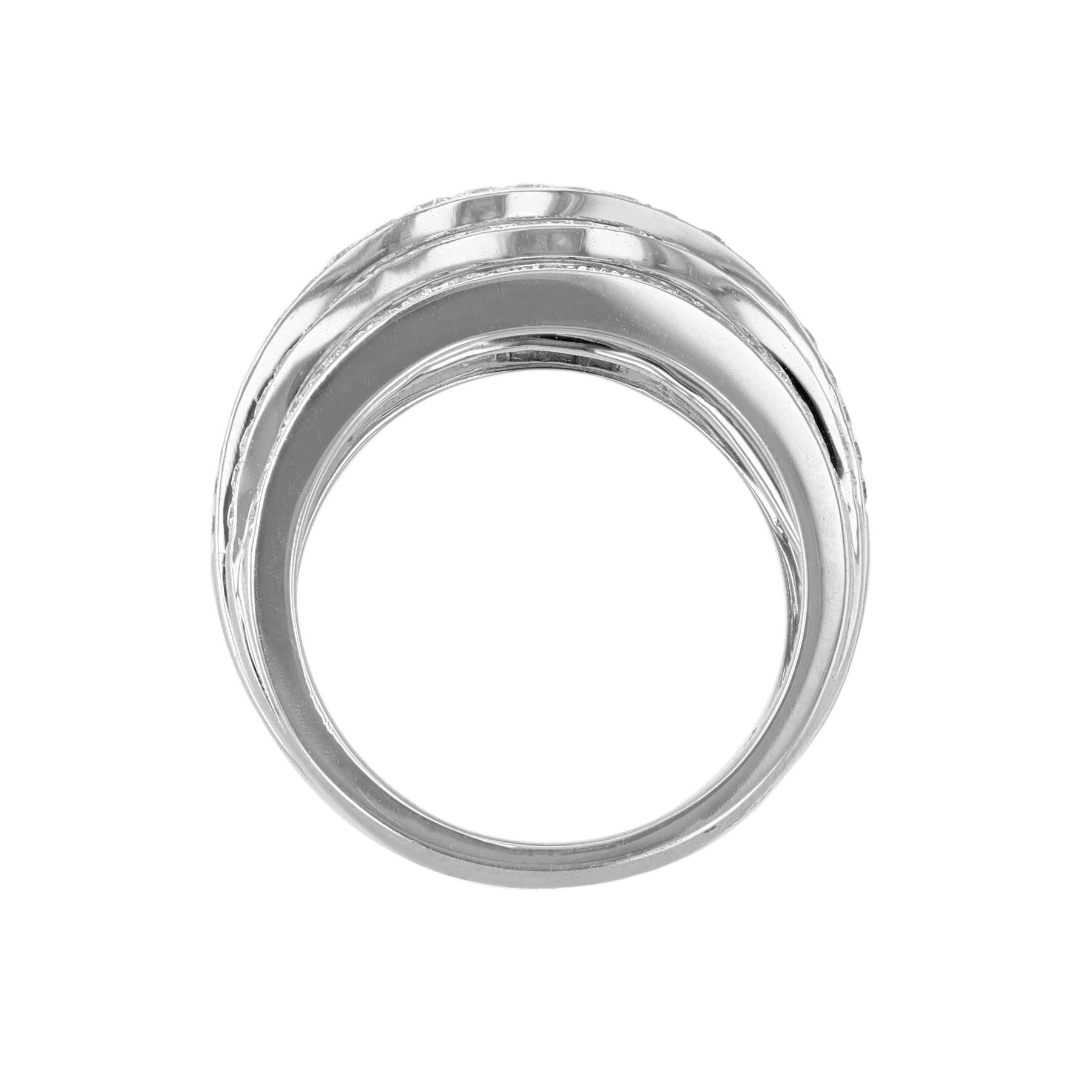 Contemporary 18K White Gold Wavy Multi Row Diamond Cocktail Ring, 1.12ct. For Sale