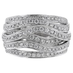 18K White Gold Wavy Multi Row Diamond Cocktail Ring, 1.12ct.