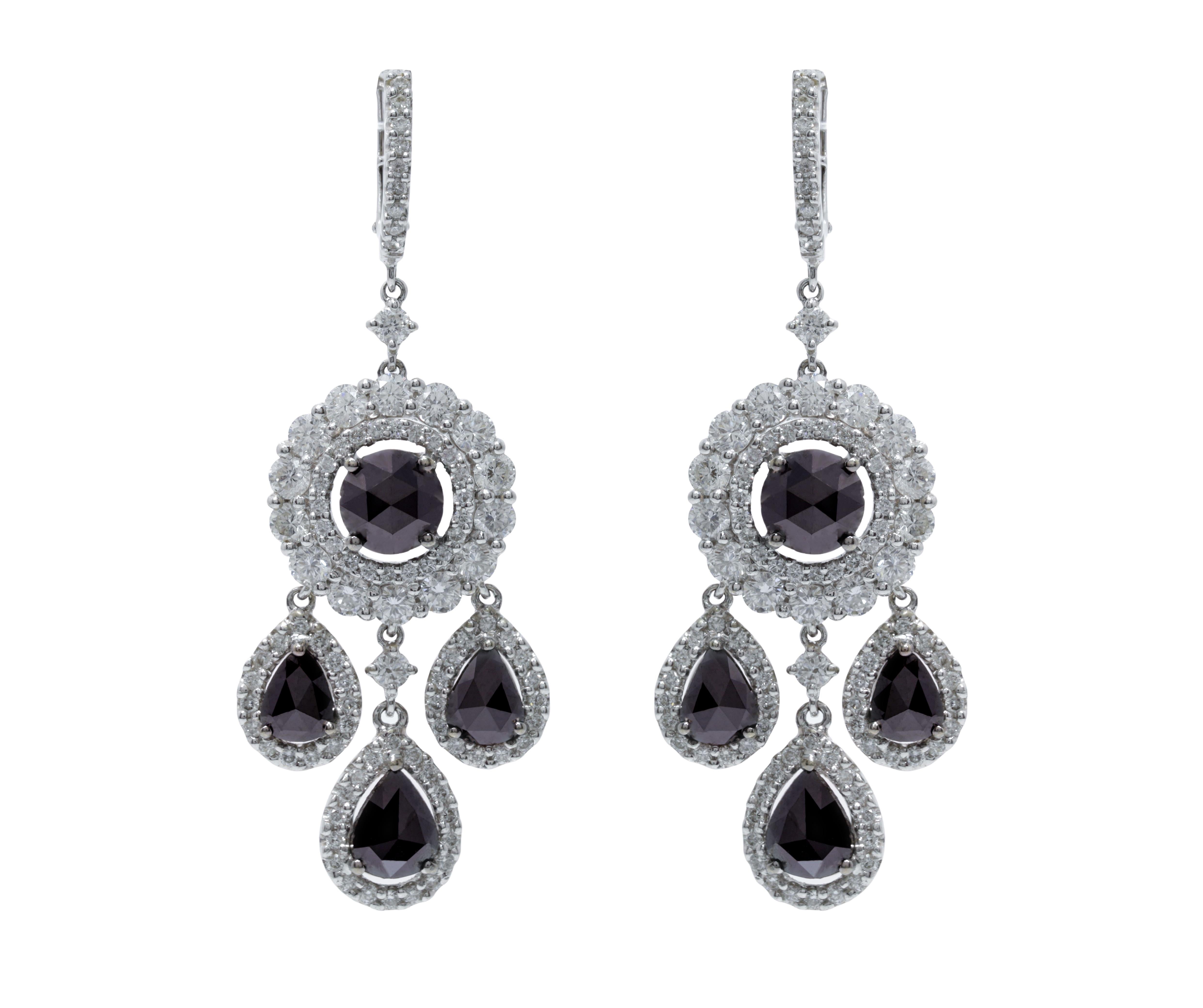 18K White Gold, White and Black Diamond Earrings Features 7.20cts. Of Diamonds

