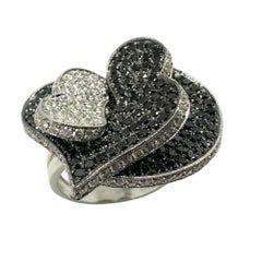 18K White Gold White and Black Diamond Heart Cocktail Ring