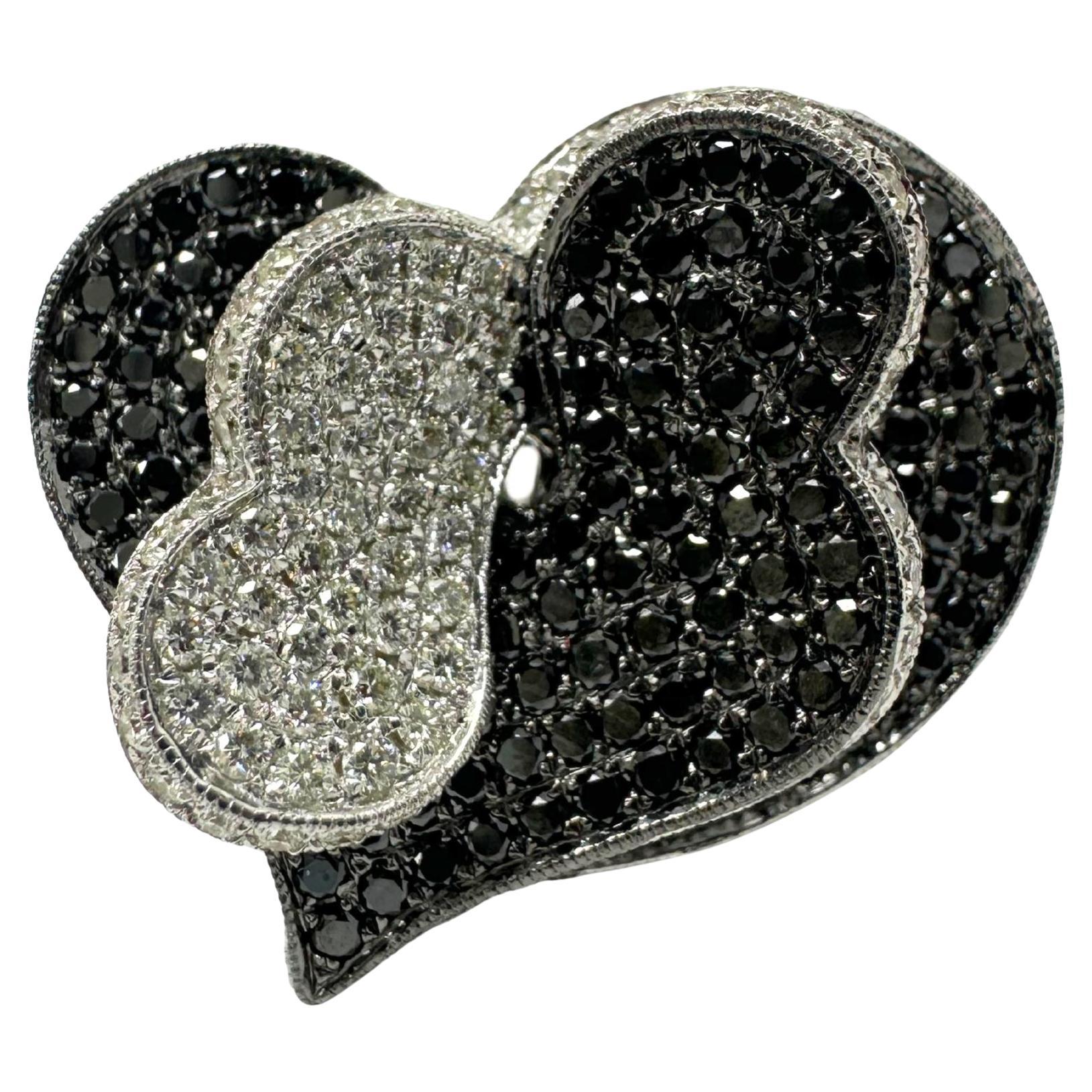 18K White Gold White and Black Diamond Heart Cocktail Ring