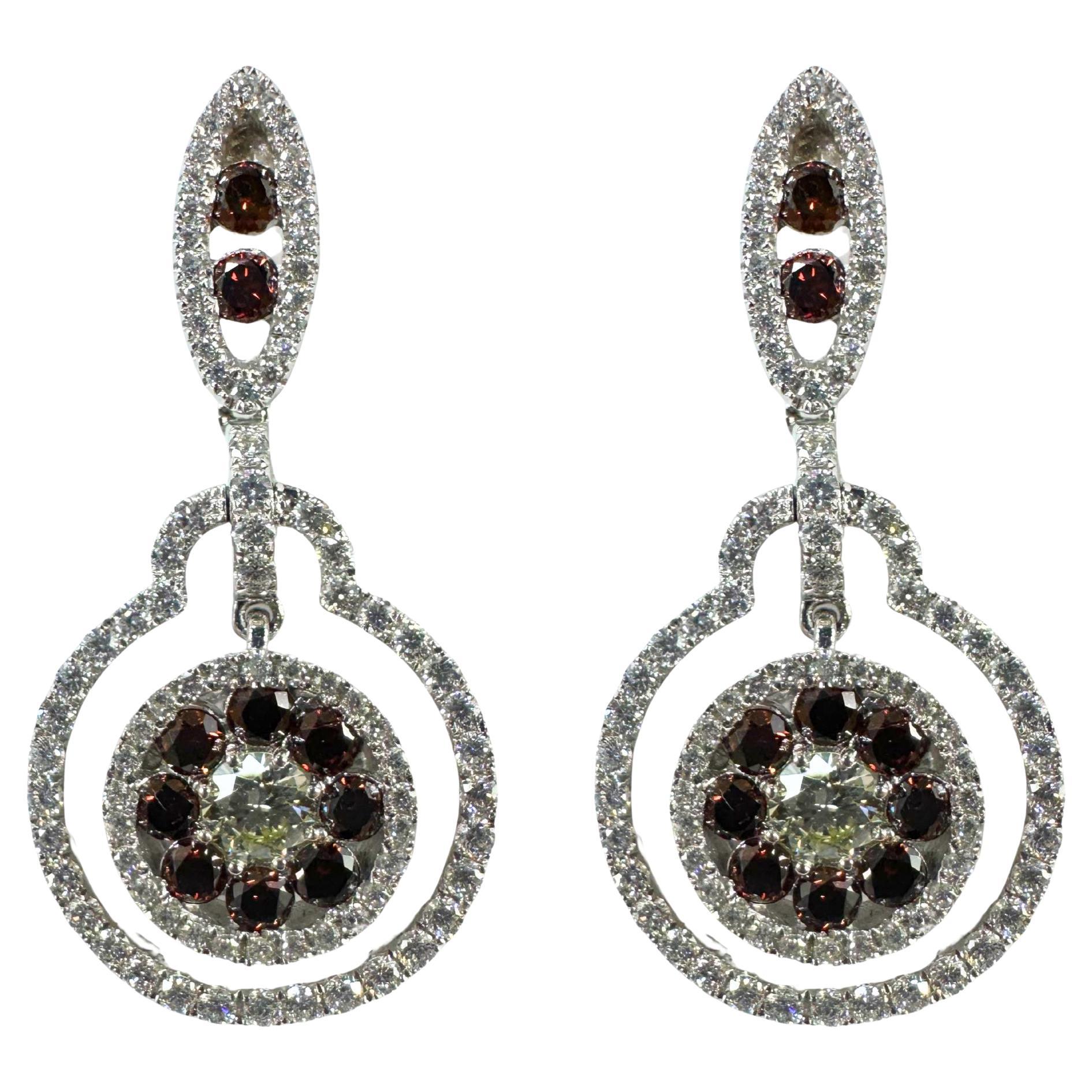 18K White Gold White and Brown Diamond Drop Earrings