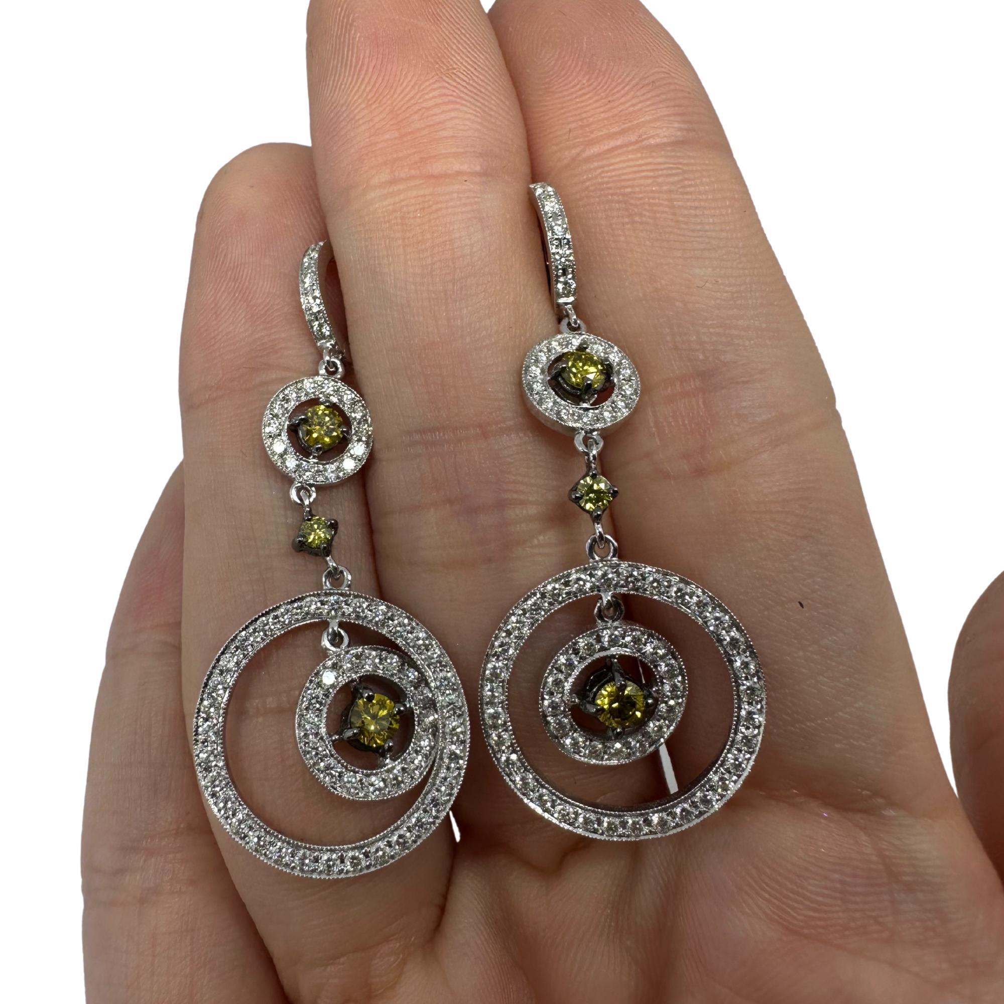 18K White Gold White and Yellow Diamond Drop Earrings For Sale 2