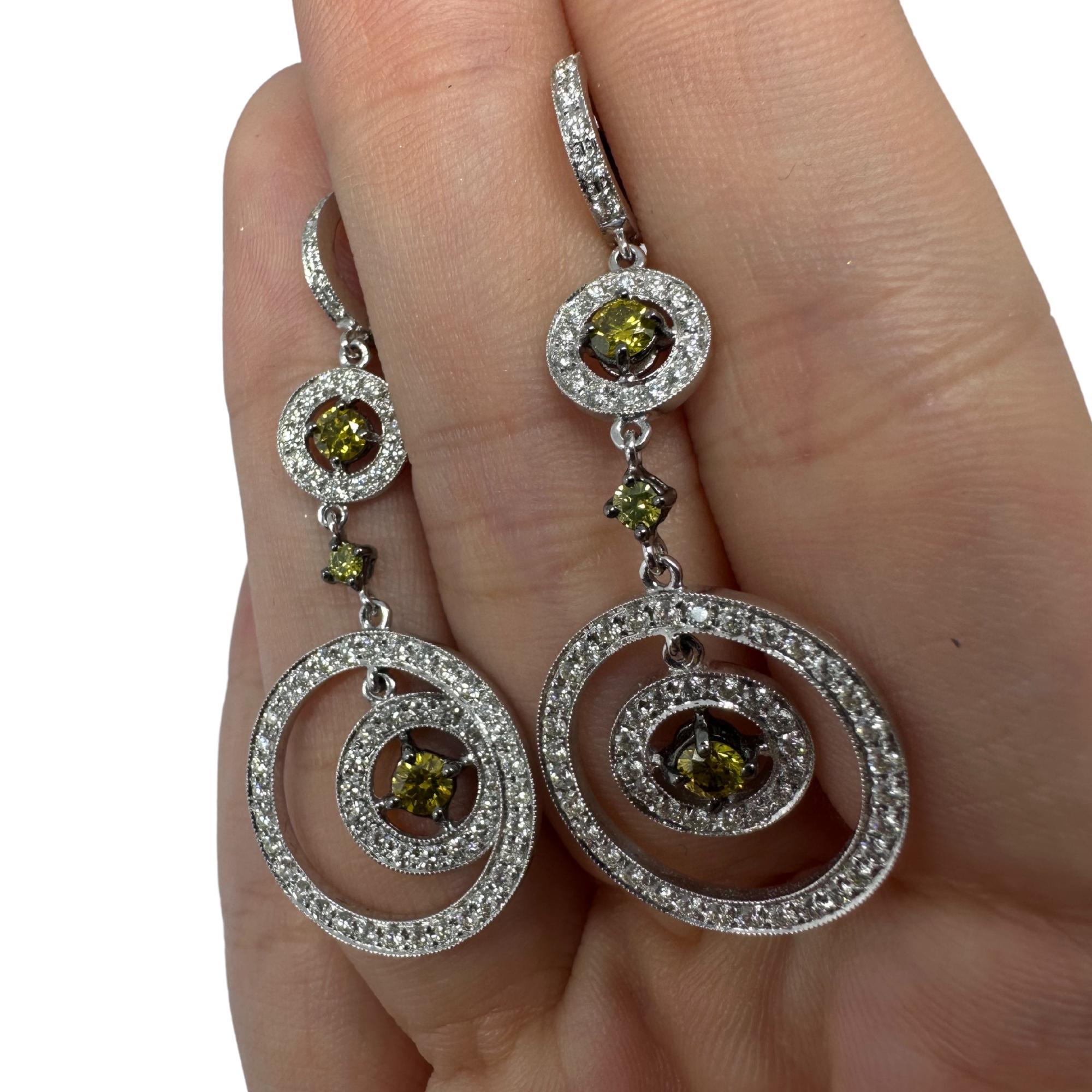 18K White Gold White and Yellow Diamond Drop Earrings For Sale 3
