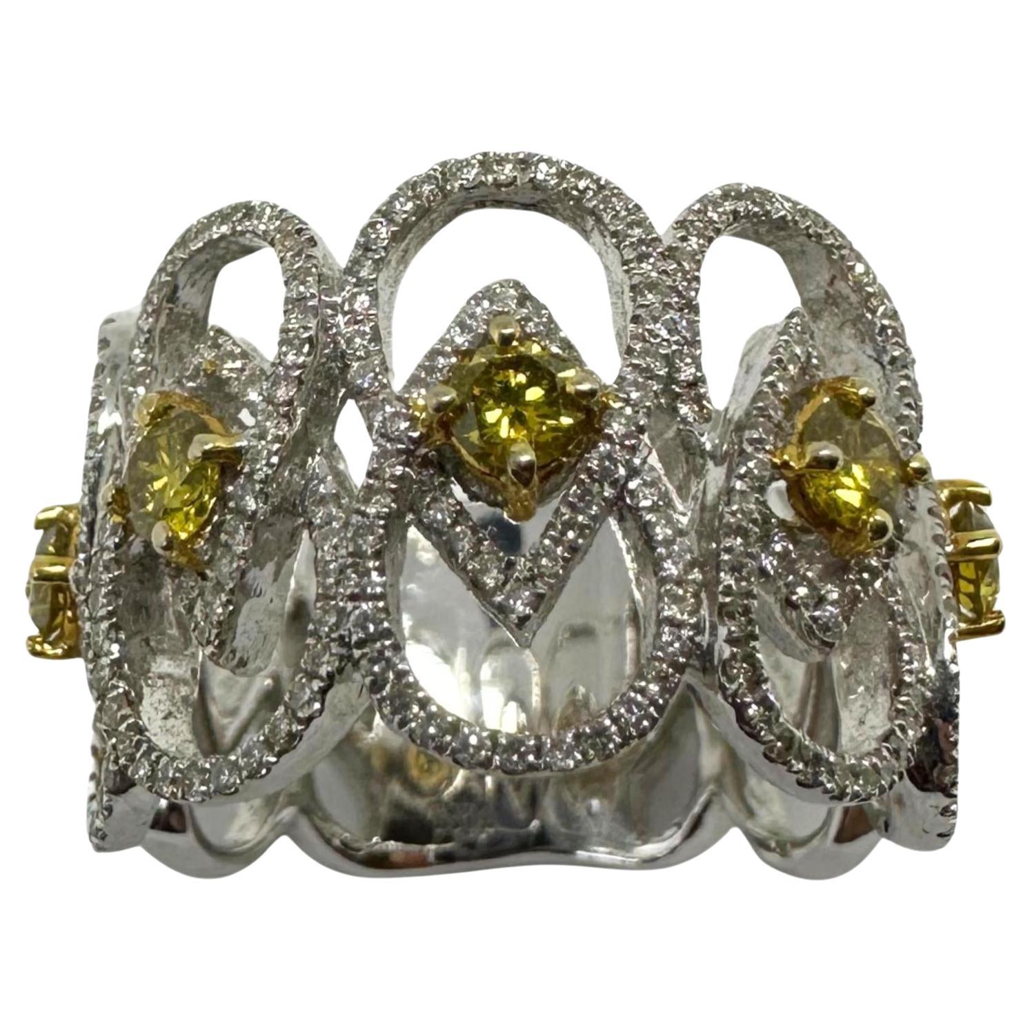 18K White Gold White and Yellow Diamond Wide Band Ring