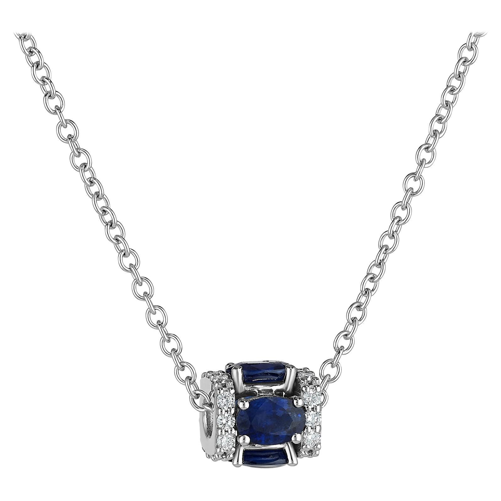 18K White Gold, White Diamond, and Blue Sapphire Pendant Necklace
